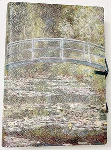 Italian Leather "Monet's Bridge Over Lily Pond" Printed Leather Lined Journal - Picture 1 of 3