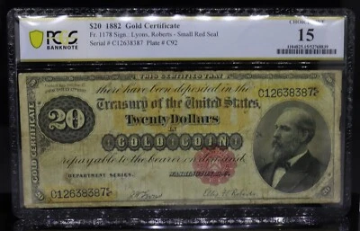 1882 $20 Gold Certificate Small Red Seal Fr#1178 Lyons/Roberts PCGS F15 - Image 1 of 2