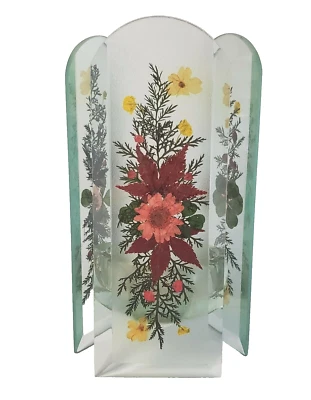 Dried Pressed Flowers Frosted Glass Candle Holder 3 Panels Tealight Votive - Image 1 of 4