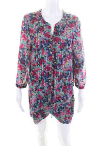 Joie Womens Y Neck Pintuck Floral Romper Pink Blue Green Size Small