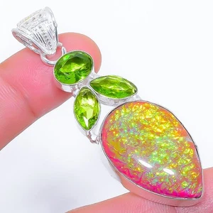 Triplet Fire Opal, Peridot Gemstone 925 Sterling Silver Jewelry Pendant 2.5" - Zdjęcie 1 z 5