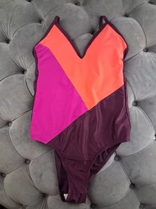 Kona Sol One Piece Swimsuit Shelf Bra Colorblock Burgundy Pink L - Picture 1 of 5