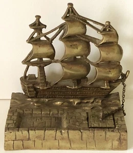 Antique Brass Figural Galleon Sailing Ship Nautical Desk Top Writing Ink Well - Picture 1 of 8