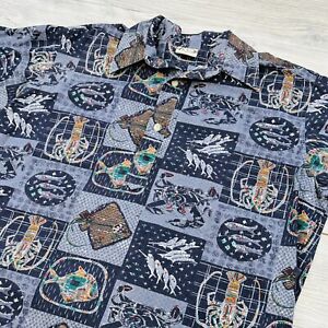 Go Barefoot Hawaiian Shirt Mens Medium Blue Gray Cotton Tiki Fish Beach Henley