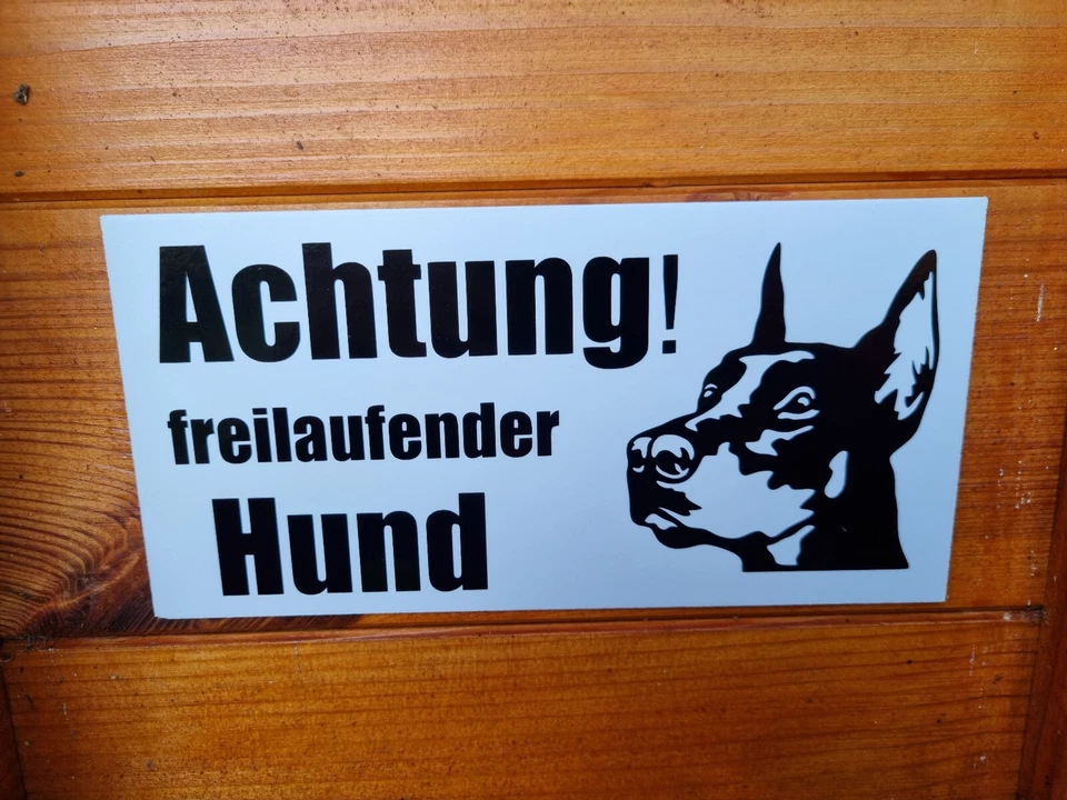 Achtung freilaufender Hund Schild Schilder PVC Hartschaum Hof Weiss Bewachung - Bild 1 von 4