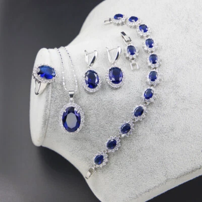 Conjunto de 4 piezas Joyería Madre Océano Azul Topacio Gemas Astilla Mujer Pulsera Pendiente Anillo Foto 1 de 4