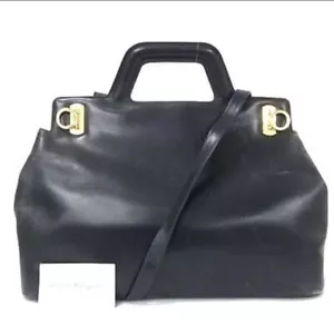 Salvatore Ferragamo Leather Hand Shoulder Bag Gancini 2-Way Black Japan Vintage - Picture 1 of 7
