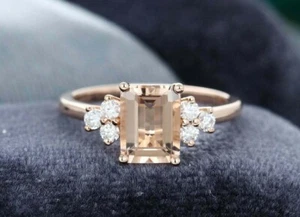 1.93 Ct Emerald Cut Morganite Cluster Bridal Engagement Ring 925 Sterling Silver - Picture 1 of 6