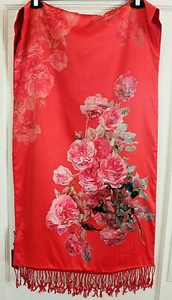 Royal Peaceful Brand Heavy Silk Scarf Lined ~ Red Floral Pattern 68"x20" NWT - Picture 1 of 12