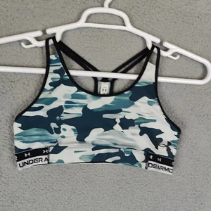 Under Armour Girls Sports Bra XXL Youth Extra Large Fitted Camo Blue Spell Out  - Picture 1 of 10