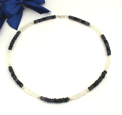 Arcobaleno Pietra di Luna Collana Con Iolite Blu Sfaccettato Donna 925 Argento - Immagine 1 di 3