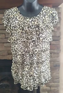 Womens Leopard Ruffle Shirt Size L 10 / 12 Flutter Short Sleeves Stretch - Picture 1 of 10