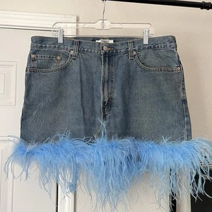 TANAKA VINTAGE Levi’s Cotton Medium Wash Blue Denim Jeans Federbesatz Minirock - Bild 1 von 7