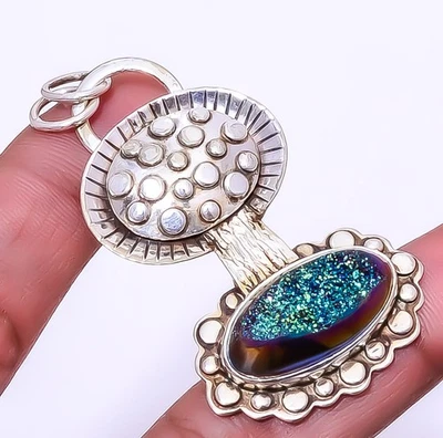 Colgante de plata de ley 925 con piedras preciosas de ágata pavo real de titanio de 2,34" A355 Foto 1 de 4