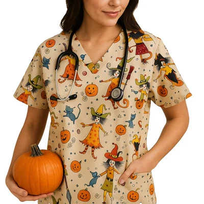Peaches Uniforms Womens L Beige Halloween Witch Print Scrub Top Classic Cotton - Image 1 of 4