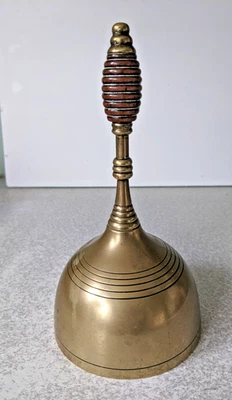 ANTIQUE BRASS BEEHIVE BELL- LOUD- 7  1/2 INCHES TALL - WOODEN TURNED HANDLE - Image 1 of 4