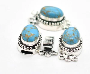 2 Pcs Blue Copper Turquoise Box Clasp 3 Strand Antique Silver Plated - Picture 1 of 4