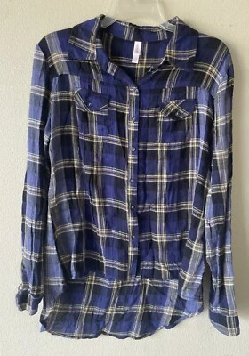 xhilaration top L Cobalt Blue Purple Long Sleeve Button Plaid - Image 1 of 4