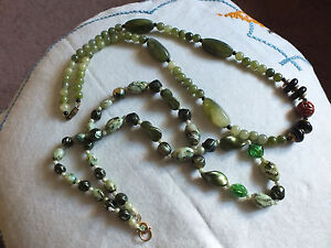 Beautiful Set of 2 GreenTones Plastic Beaded Necklace 24 Inch Long CuTe