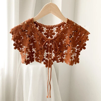 Women Crochet Knitted Shawl Cape Cloak Fake Collar Lace Up Hollow Floral Retro - Image 1 of 4