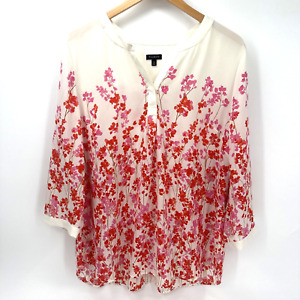Talbots Blouse Womens XL Floral Pullover V-Neck 3/4 Sleeves Cream Red Pink Shirt