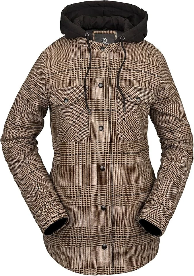 Volcom Women's M Hooded Flannel Jacket CARAMEL HOUNDSTOOTH Check BLACK SNOWBOARD - Image 1 of 4