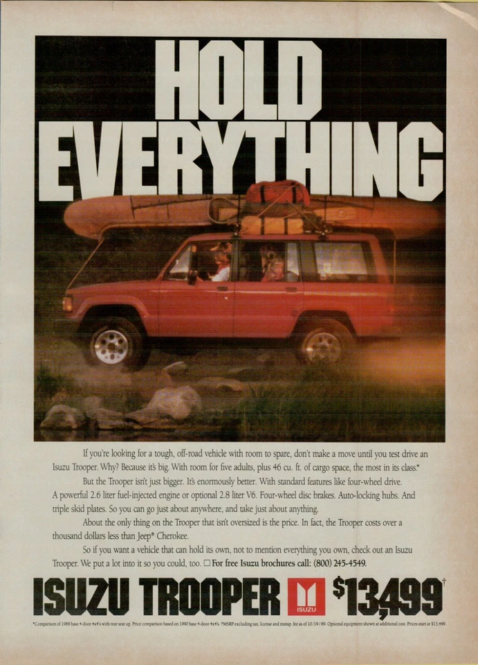 1990 Isuzu Trooper Hold Everything Red SUV Off Road Original Color Print Ad - Image 1 of 1