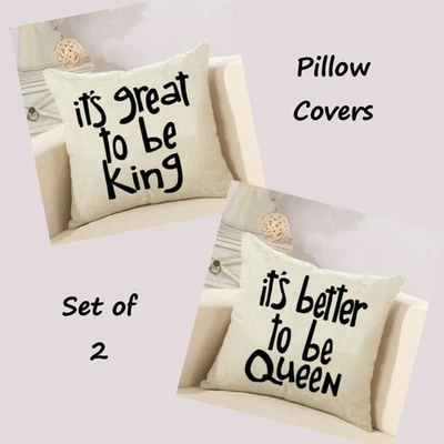 Great To Be King Better To Be Queen Pillow Covers Word Art Linen Bundle of 2 NEW - Image 1 of 4