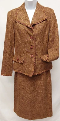 Vintage Rickie Freeman Teri Jon Tweed Brown Suit Fringe Jacket Skirt Size 6 - Image 1 of 4
