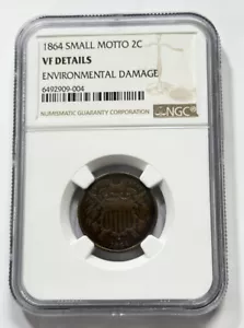 1864 Small Motto Two Cent Piece VF DETAILS NGC Bronze 2c US Coin Collectible - Picture 1 of 4