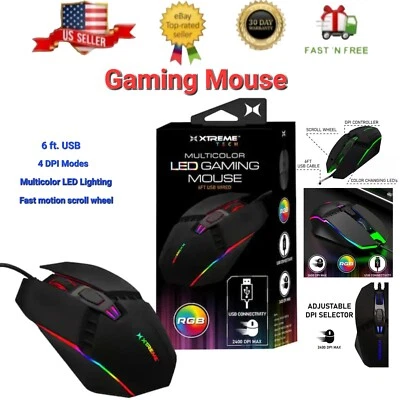 Wired 6ft USB Multicolor LED Gaming Mouse 4 DPI 2400 Max | RGB | 4 Button | Fast - Image 1 of 4