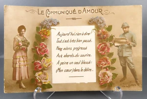 Vintage FRANZÖSISCHE POSTKARTE WWI Erster Weltkrieg SOLDAT & SCHATZ Blumen/Rosen - Bild 1 von 7