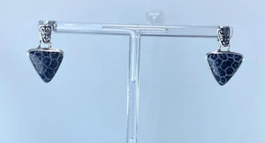 925 Sterling Silver Triangle Black Coral Fossil Stud Dangle Earrings - Picture 1 of 3