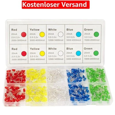 5MM LED Leuchtdioden, LED Dioden Sortiment Kit Rundkopf mit 5 Farbe, 2 Pin LE... - Bild 1 von 2
