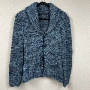 Moda International Wool Blend Chunky Knit Toggle Sweater Coat Blue Sz L - Picture 1 of 10