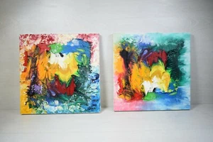 European Art Two Abstract Oil Paintings Multi Color Technique Canvas - Picture 1 of 10