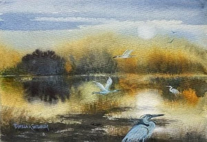 Pamela Wilhelm Watercolor 5x7” Original Landscape, Egrets marsh and warm light - Picture 1 of 1