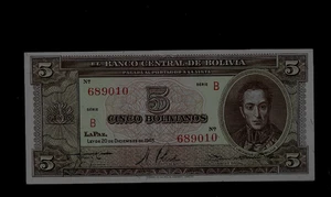 BOLIVIEN ( 1 ) BANKNOTE 5 BOLIVIANOS L. 1945 P 138 BANKFRISCH - Bild 1 von 2