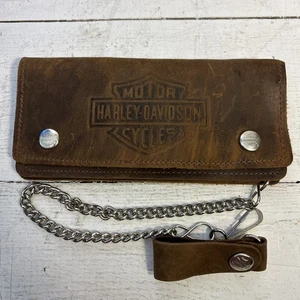 Portefeuille et chaîne vintage Harley Davidson moto double pli snap cuir marron - Photo 1/8