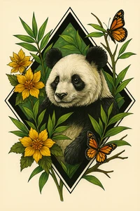 Arte de pared caprichoso panda 3D con mariposas y flores - naturaleza juguetona - Imagen 1 de 11