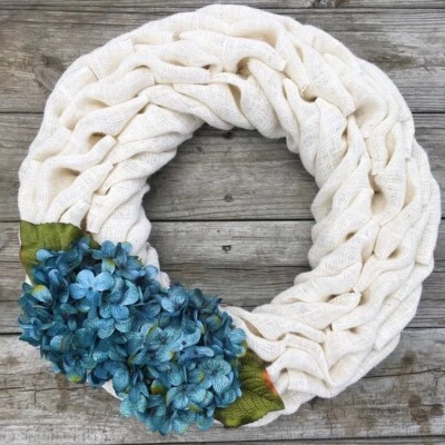 14" Handmade White Burlap Wreath with Turquoise Hydrangea Flowers - Image 1 of 2