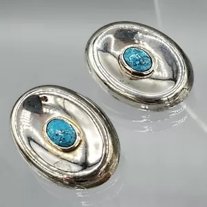Taxco Sterling Silver TL-41 Turquoise Scooped Oval Clip Earrings 17.4g - Picture 1 of 10