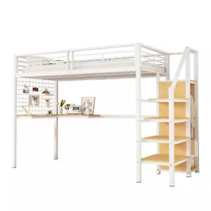 Hochbett 90x200 cm Metallbett mit Treppe, Schreibtisch und Kleiderschrank Weiß - Bild 1 von 10