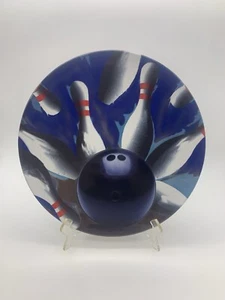 Plato redondo para servir deportes noche bolos 12” azul con pasadores de bolas de boliche - Imagen 1 de 6