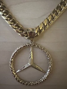 10K Yellow Gold Miami Cuban 9mm Chain Necklace & Mercedes emblem Pendant 2' - Picture 1 of 12