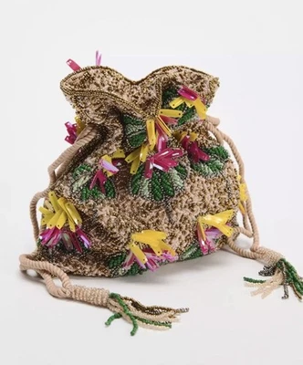 ZARA Bucket Bag BEADED Tote Potli floral  holiday festival Handbag 6420/304 - Image 1 of 4