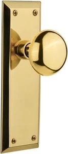 Set of 3 Nostalgic Warehouse New York Door Knob w/ Plate Privacy PBrass - 717367 - Picture 1 of 6