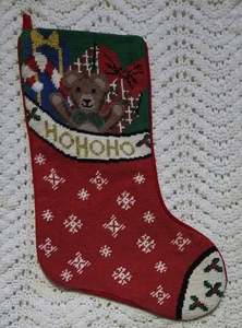 Christmas Stocking Needlepoint Teddy Bear Ho Ho Ho Red Velvet Back Wool Blend - Picture 1 of 13
