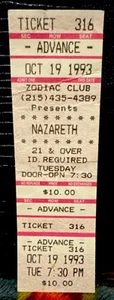 NAZARETH - OCTOBER 19, 1993 - ZODIAC CLUB ALLENTOWN PENNSYLVANIA - TICKET - Picture 1 of 1