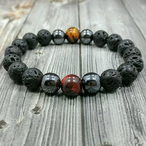 Pulsera de cuentas para hombre 8"L hecha a mano de 10 mm lava + hematita + piedras preciosas ojo de tigre rojo - Imagen 1 de 6